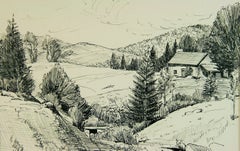 French Countryside Landscape Pen and Ink