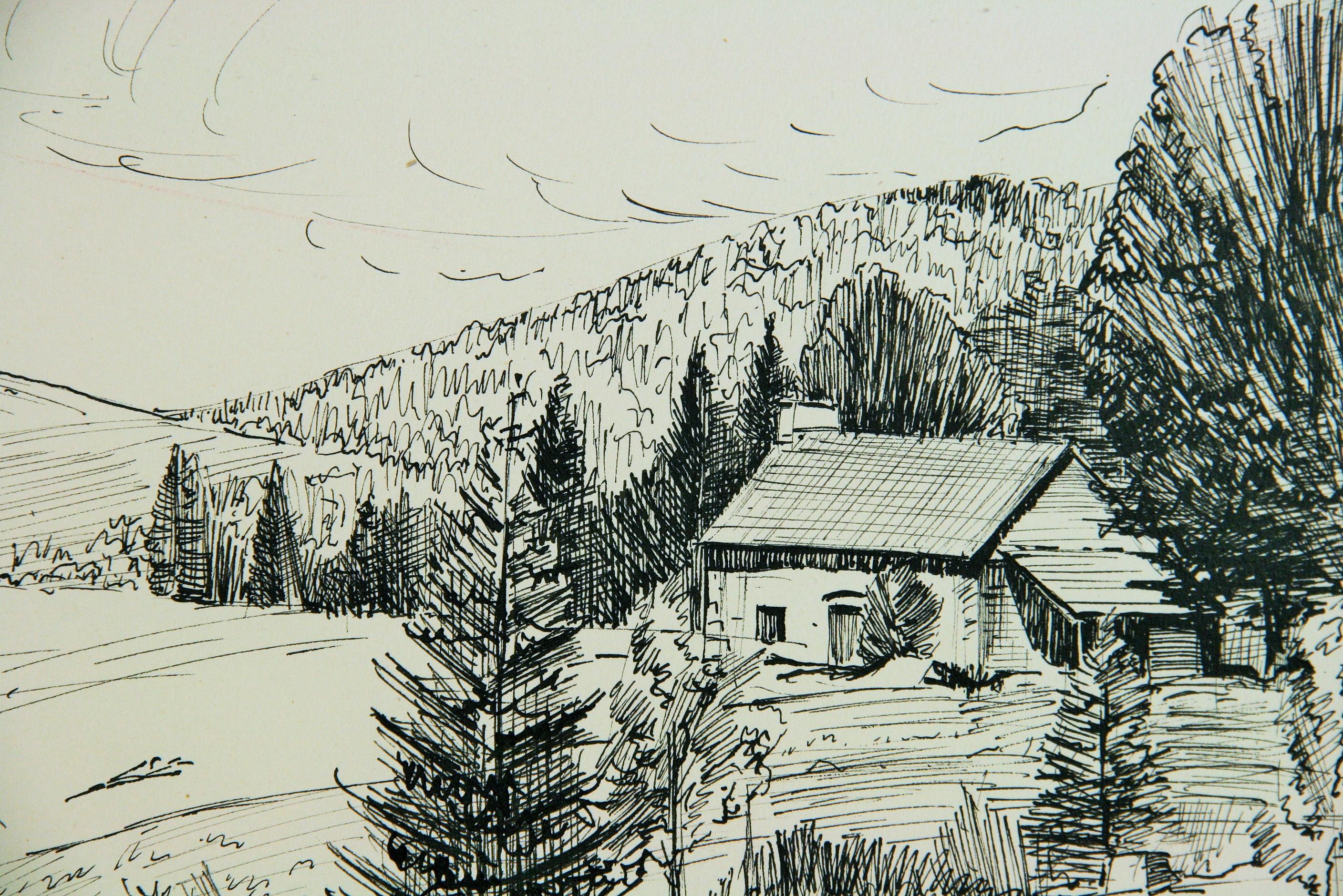 REALISM COUNTRYSIDE DRAWING, MODERN LANDSCAPE #08- Black and white  landscape, ink and pen on paper drawing and painting serie Drawing by NYWA  ART PROJECT