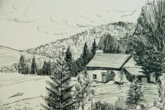 French Countryside Landscape Pen and Ink