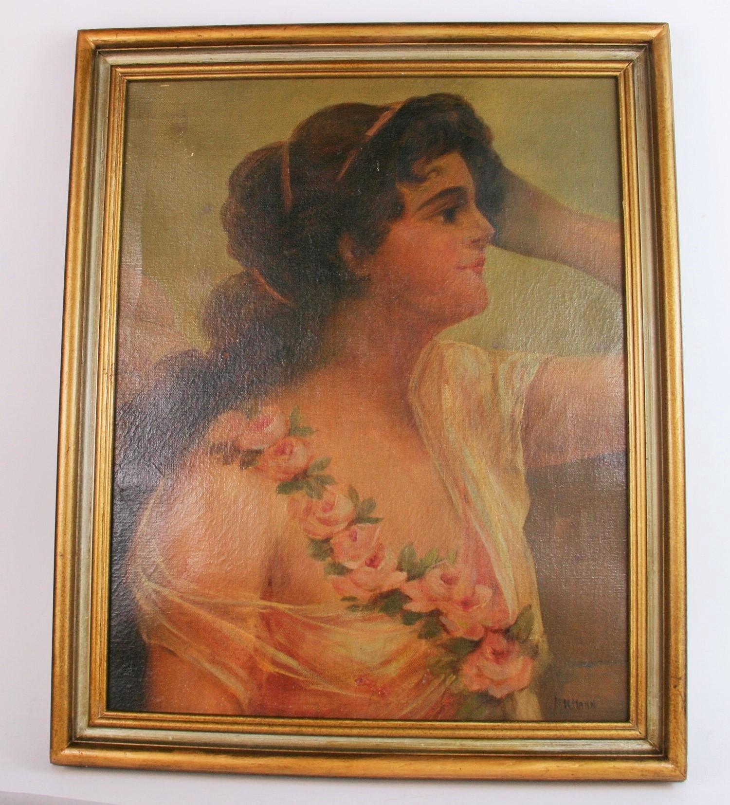 H.K.Mann Portrait Painting - Antique  Italian Female Portrait Oil  Painting 1890