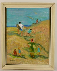 Hamptons Family Outing at the Beach Figurative Landscape  Painting
