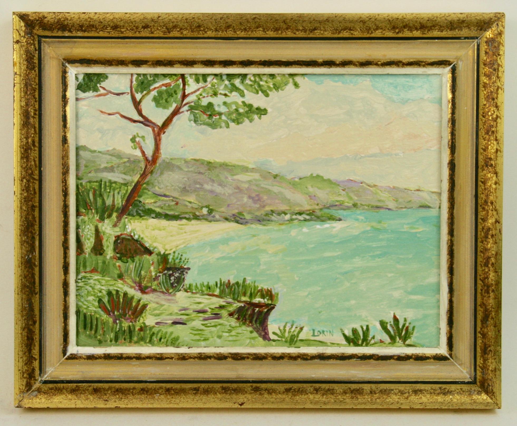 #5-3350 Shoreline Landscape, acrylic on board displayed in a vintage gilt-wood frame, signed by Lorin .Image size 7 H x 9.50 W  