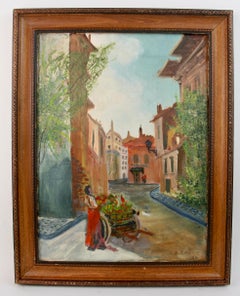 Peinture de paysage italienne représentant une scène de rue d'un marchand de fruits