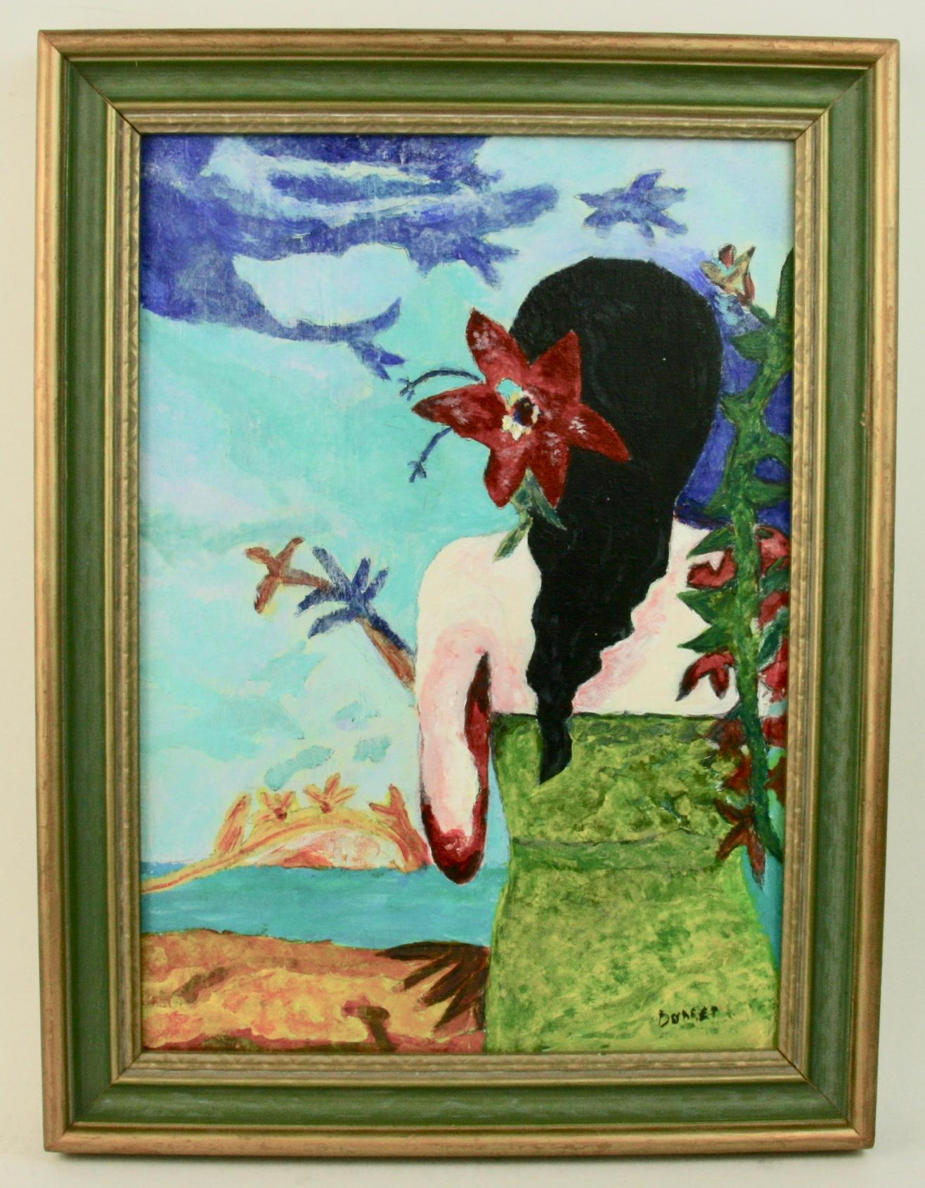 Bonnet Figurative Painting - Vintage Hawaiian Female Figurative  Tropical   Beauty Island Landscape 1980