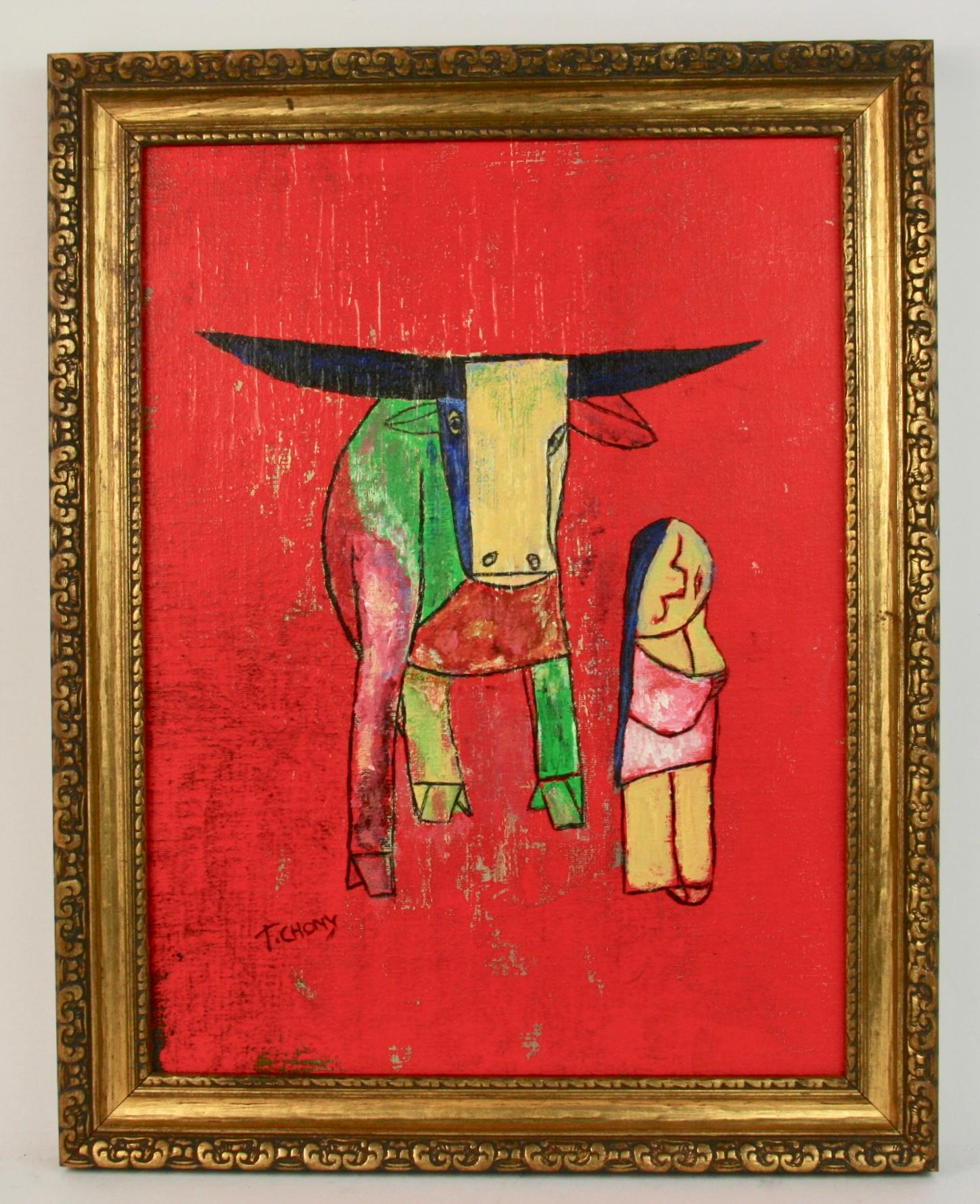 T.Chony Abstract Painting - Surreal Child With Buffalo