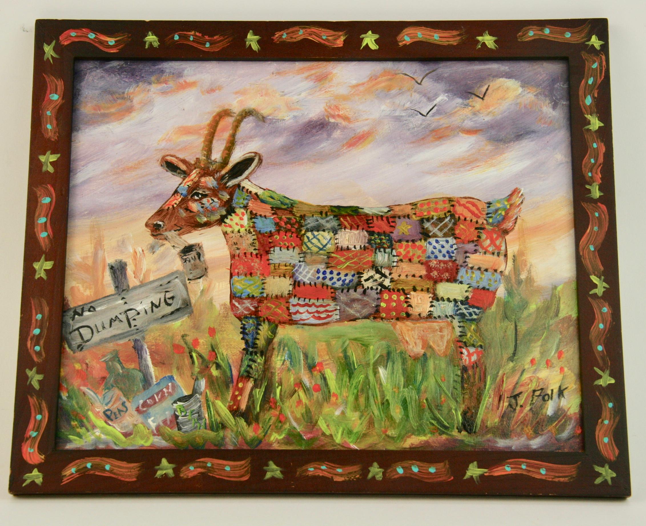 J.Folk Animal Painting - Vintage Naive oil Painting of a Patchwork Cow " Natures Lawnmower "