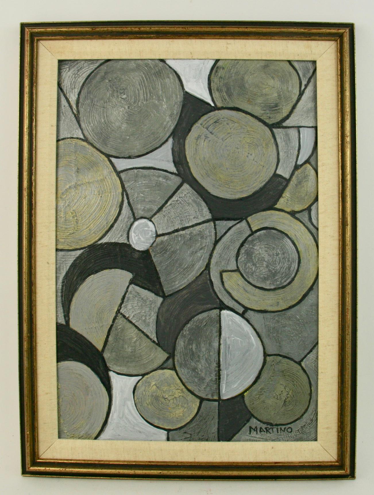 Unknown Abstract Painting - Geometric Circles Abstract " Shades of Gray" By Martino 1970's