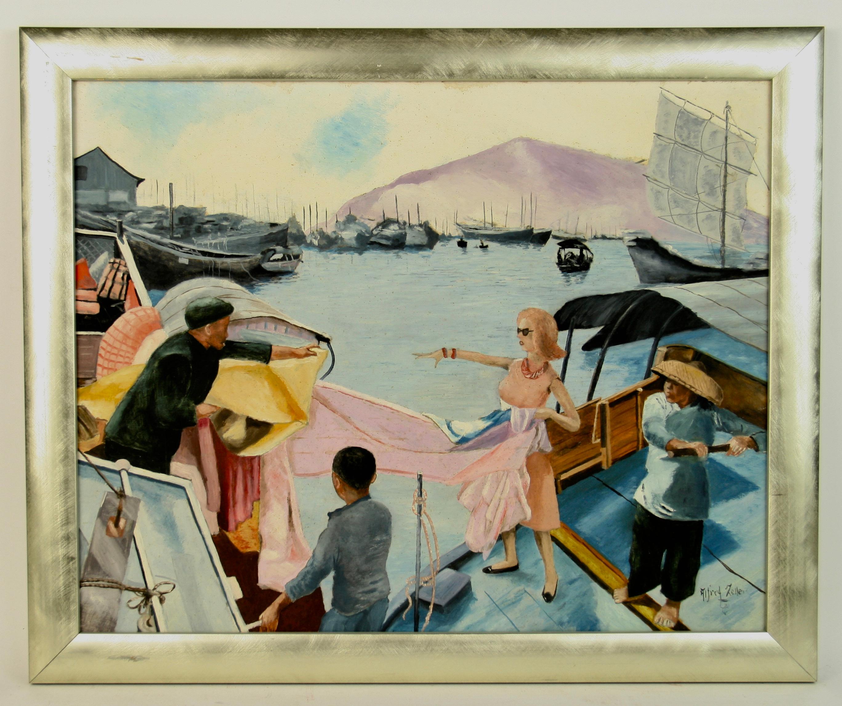 A.Zeller Figurative Painting - Travel to the Orient  Figurative Nautical Scene 1940's