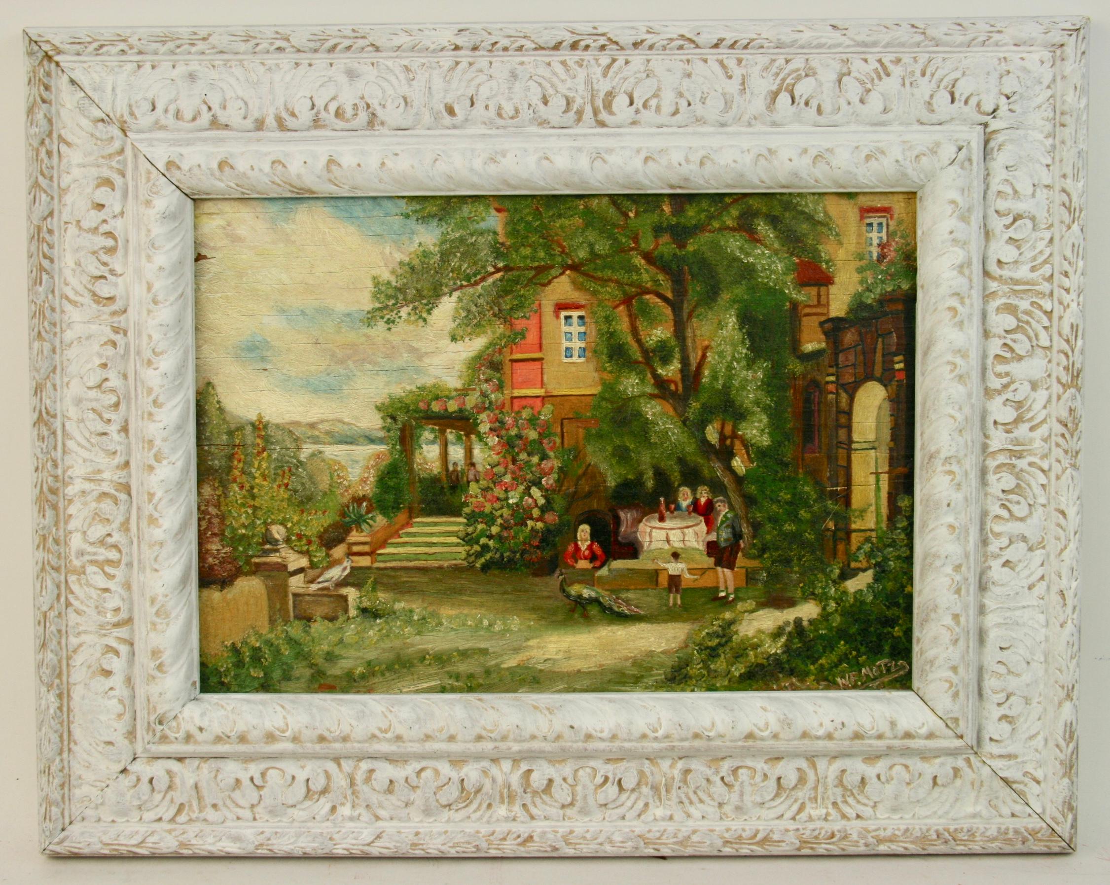 W.F.Motz Landscape Painting - Antique Oil Painting Garden landscape in a Lake Como Villa