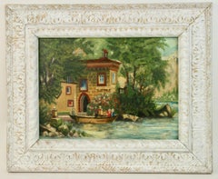 Antique Oil  Painting Lake Como Villa Garden  Landscape  1920's
