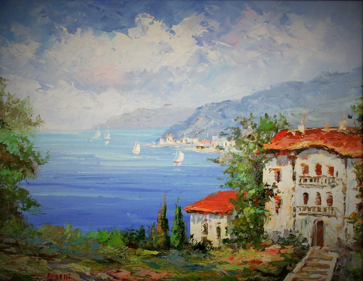 Roselli Landscape Painting - Modern Impressionist Seascape Oil Painting Sailing on the Amalfi Coast of Italy