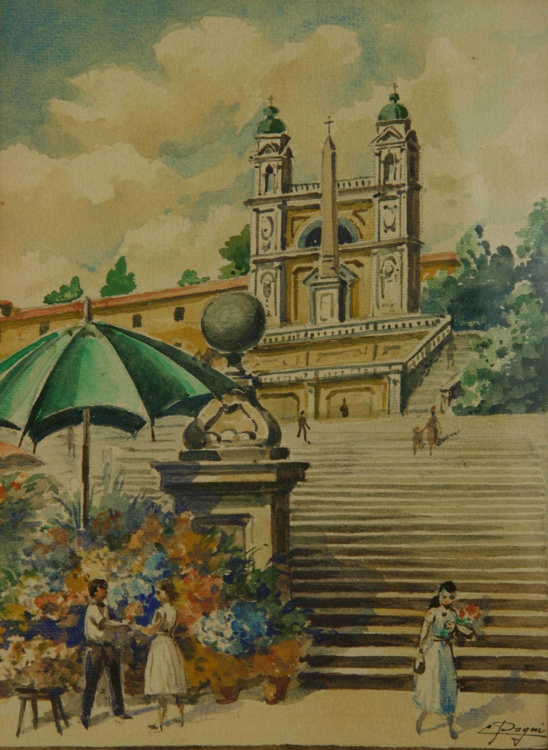 Spanish Steps Rome Italy Figurative Landscape - Art by Pagni