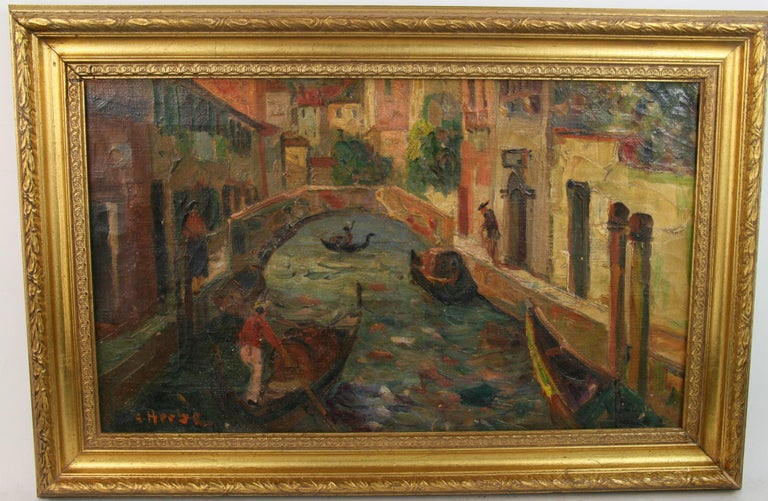 Antique Italian Venice Canal Scene Oil Painting  Circa 1890 - Brown Landscape Painting by Horser