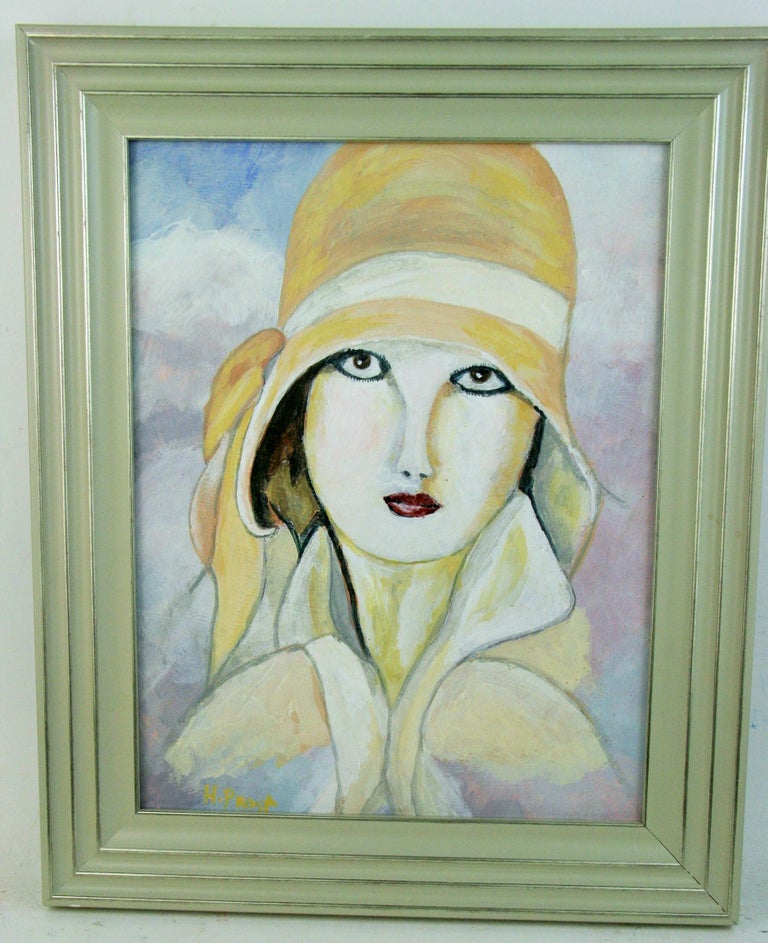 H.Prost - Art Deco Style Female Portrait Painting 1960 For Sale at 1stDibs