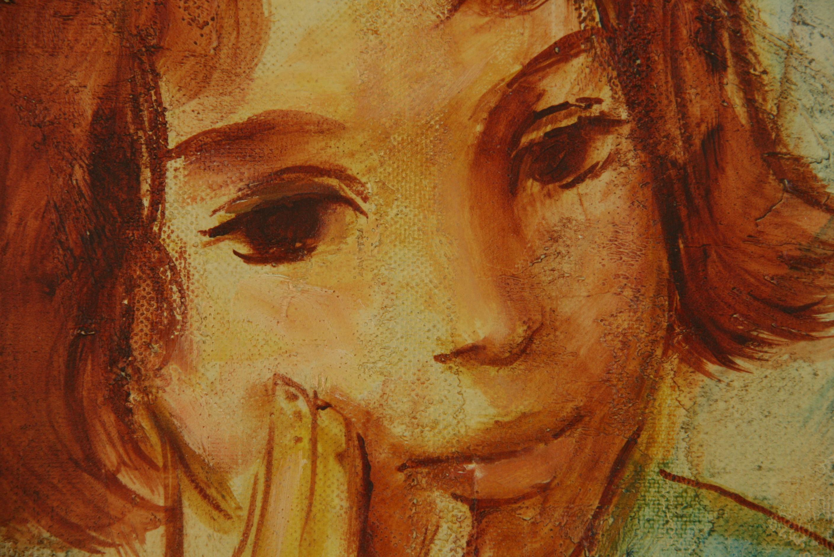 American Impressionist Portrait oil Painting Pensive Young Girl 1960 - Brown Figurative Painting by Fiedler