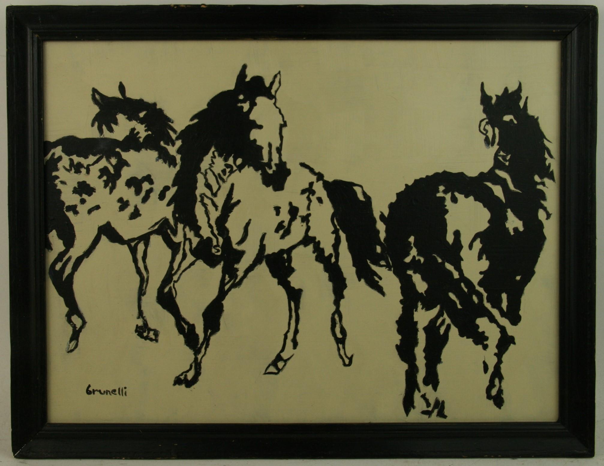brunelli Animal Painting - Three Horses Abstract Equestrian Painting By Brunelli