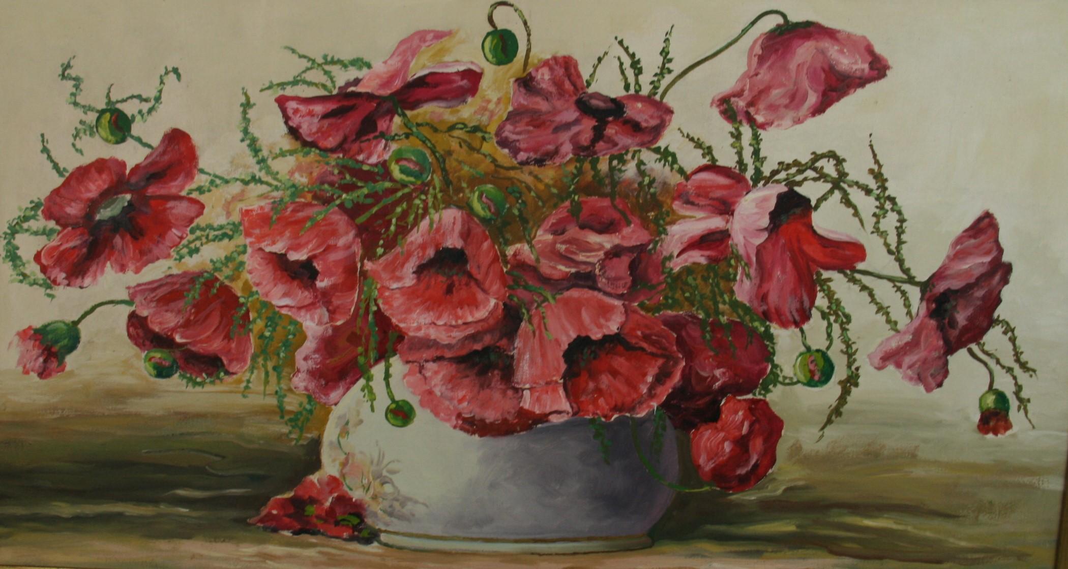 American Impressionist Oversized Bouquet of Poppies Still life Floral painting - Painting by Varna Dulgerow