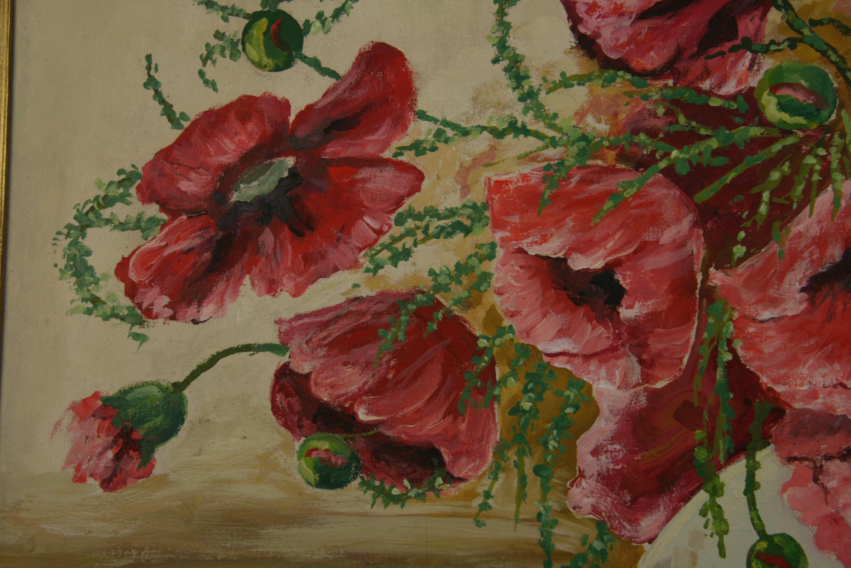 5-3746 Still  life painting of a bouquet of poppies in a round vase
Set in a custom wood frame with gilt detailing