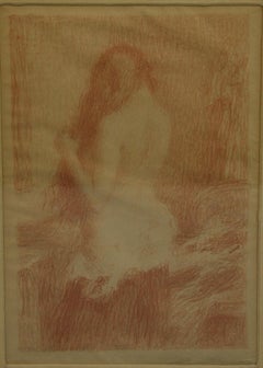 French Impressionist Drawing of a Nude Woman Combing Her Hair