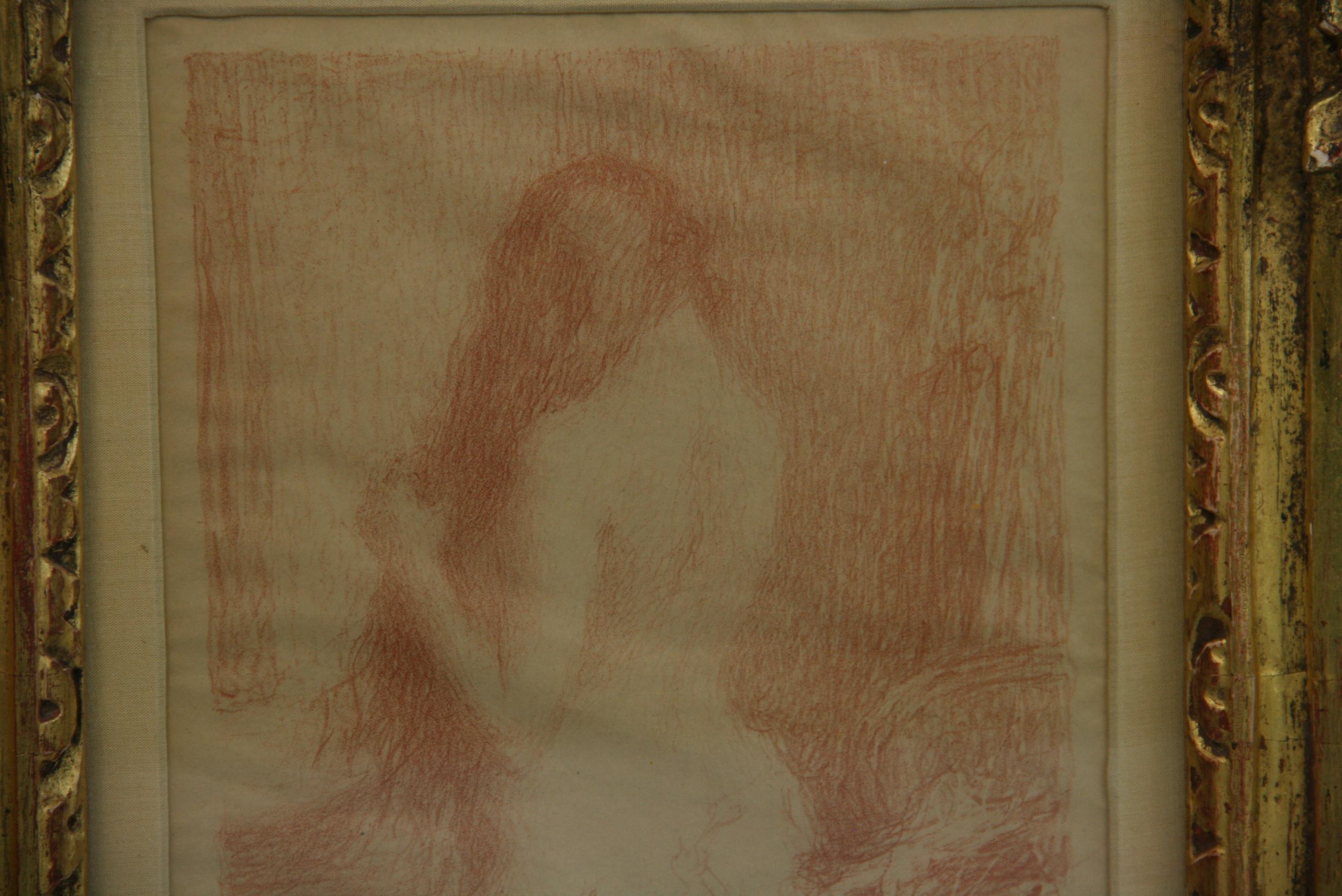 French Impressionist Drawing of a Nude Woman Combing Her Hair - Brown Figurative Art by Unknown