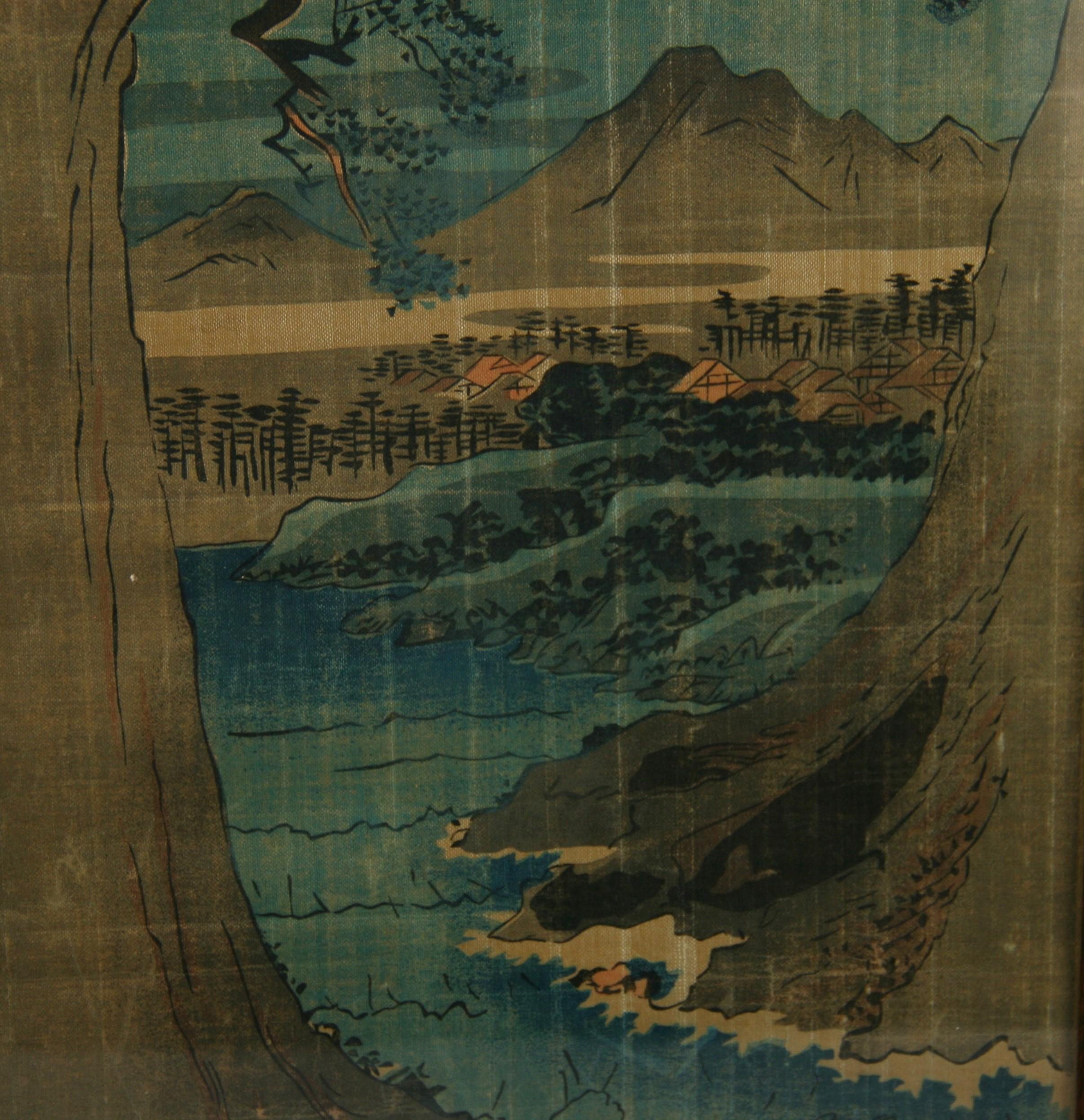 Antique Chinese landscape ink painting on silk in Blue 1