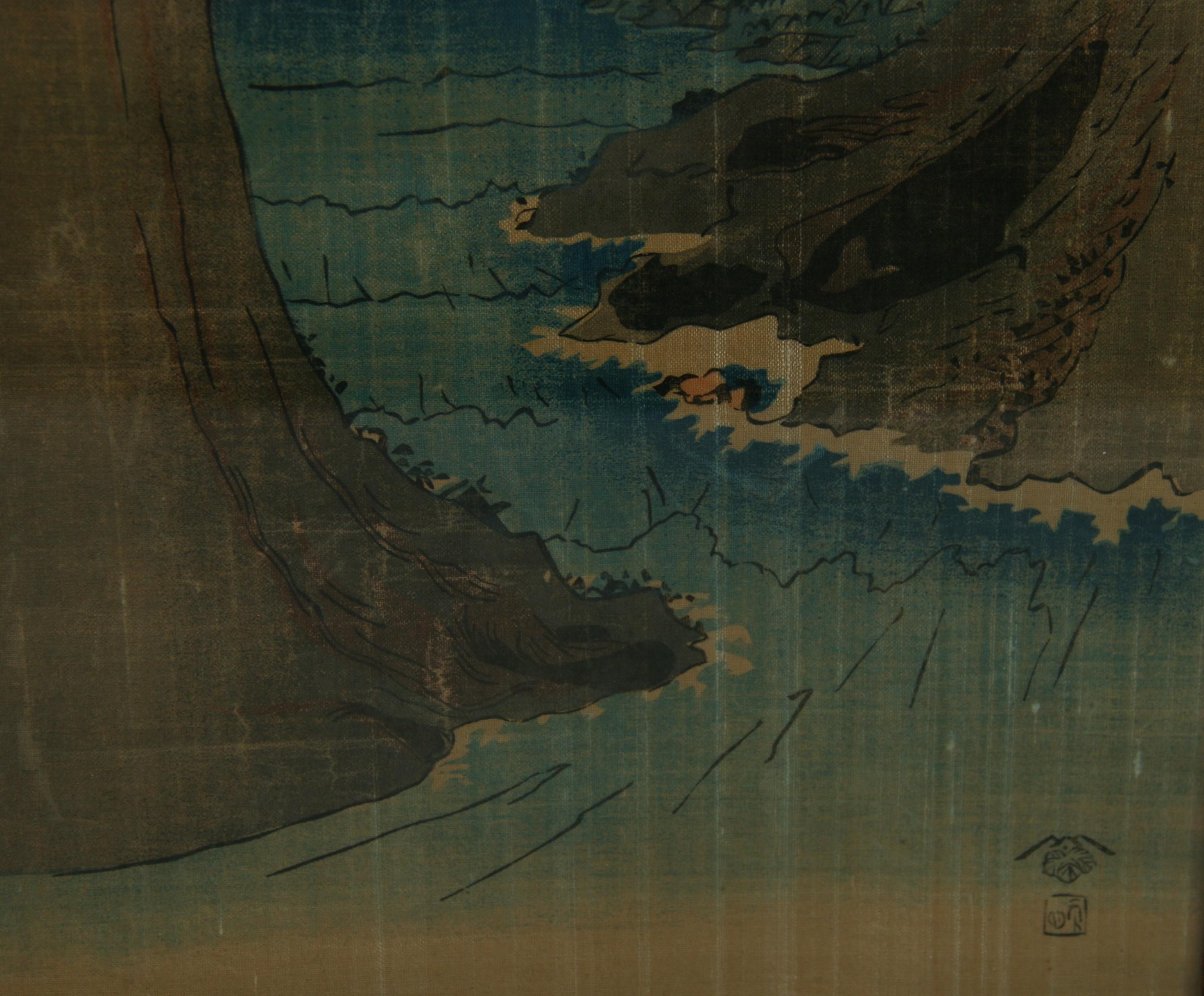 Antique Chinese landscape ink painting on silk in Blue 2