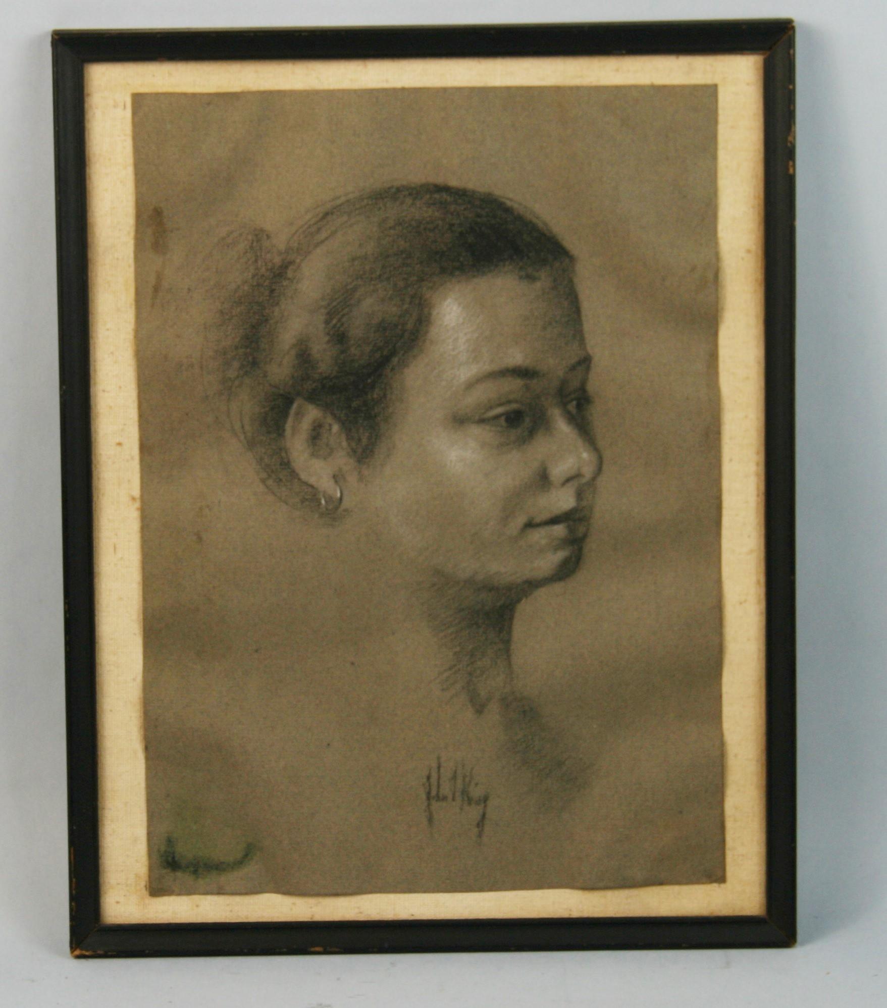 Impressionnisme  Portrait de femme au fusain, dessin de 1940 - Art de John King