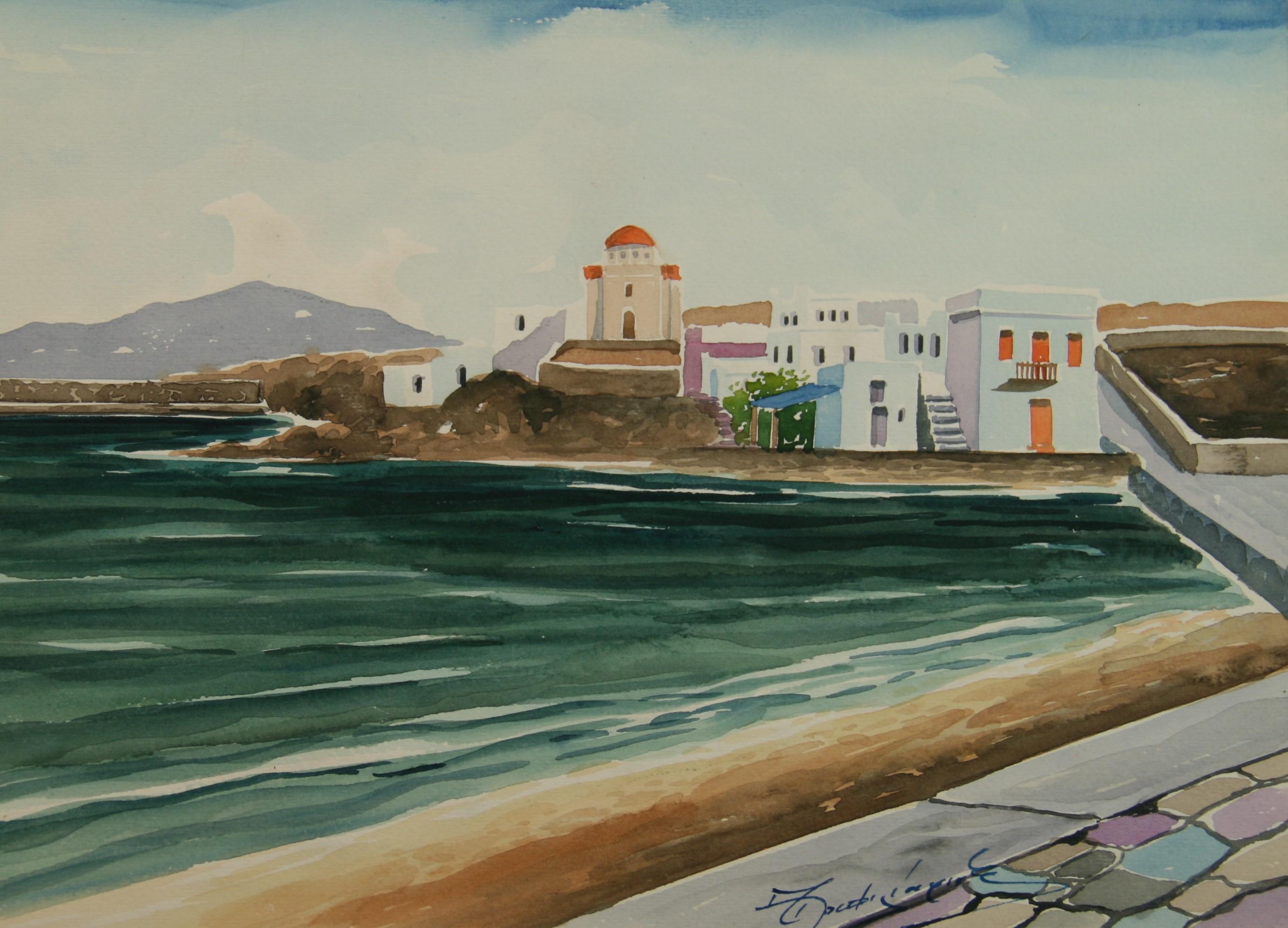 Unknown Landscape Art - Harbor View Mykonos Greece  Landscape Watercolor