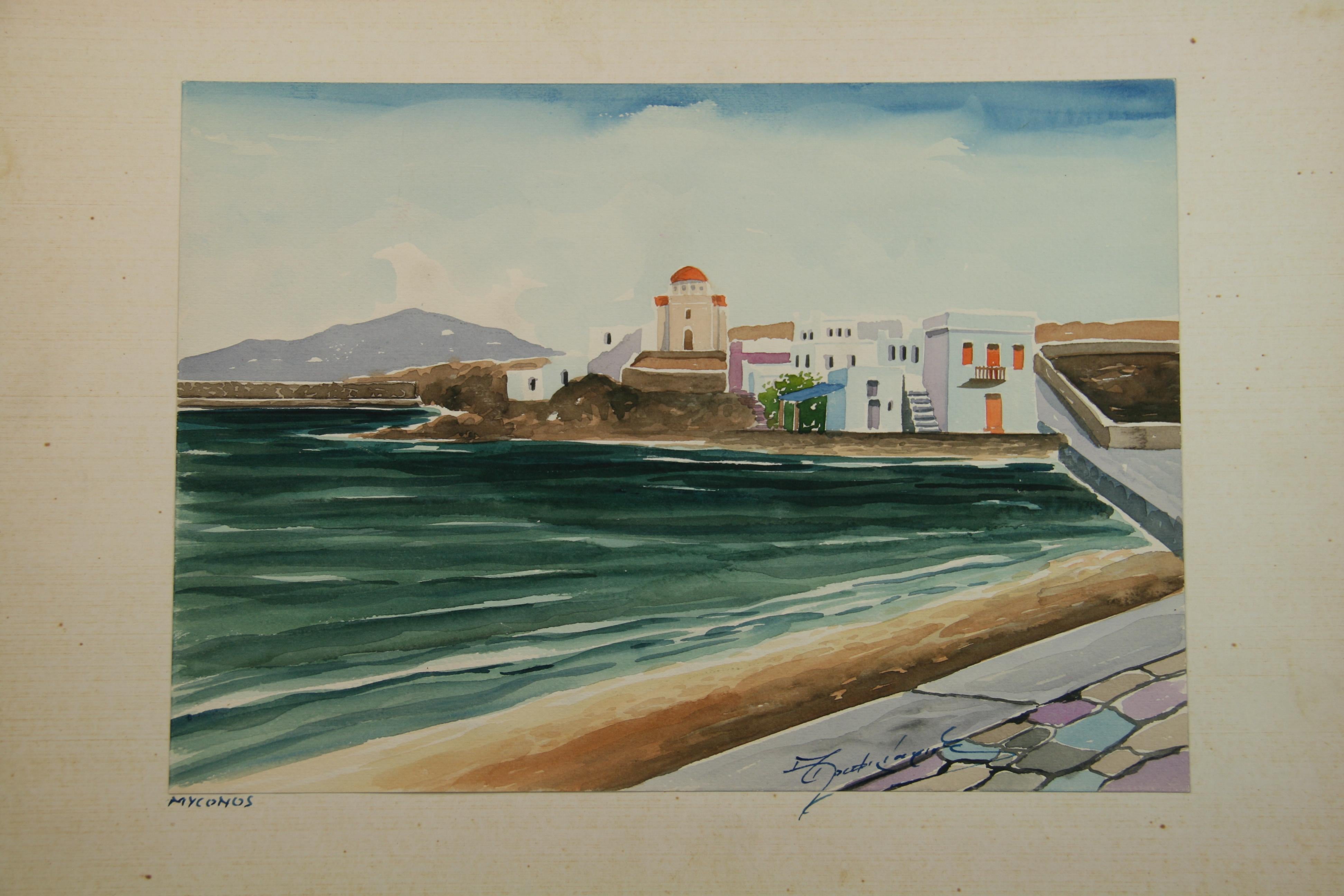 3873 Water color harbor view landscape Mykonos Greece laid on paper backing(13.75x19.75