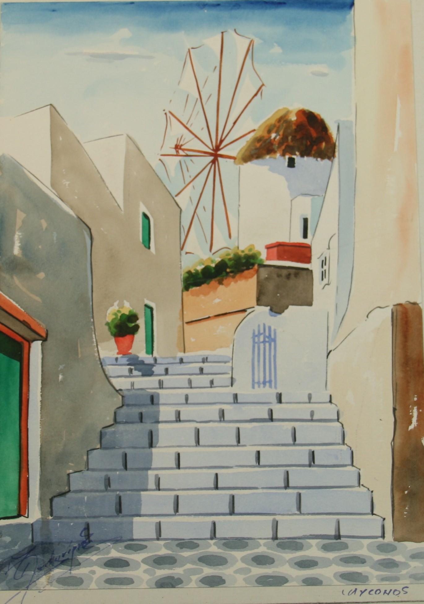 Unknown Landscape Art - View of Windmill landscape Watercolor on Mykonos Greece 1940