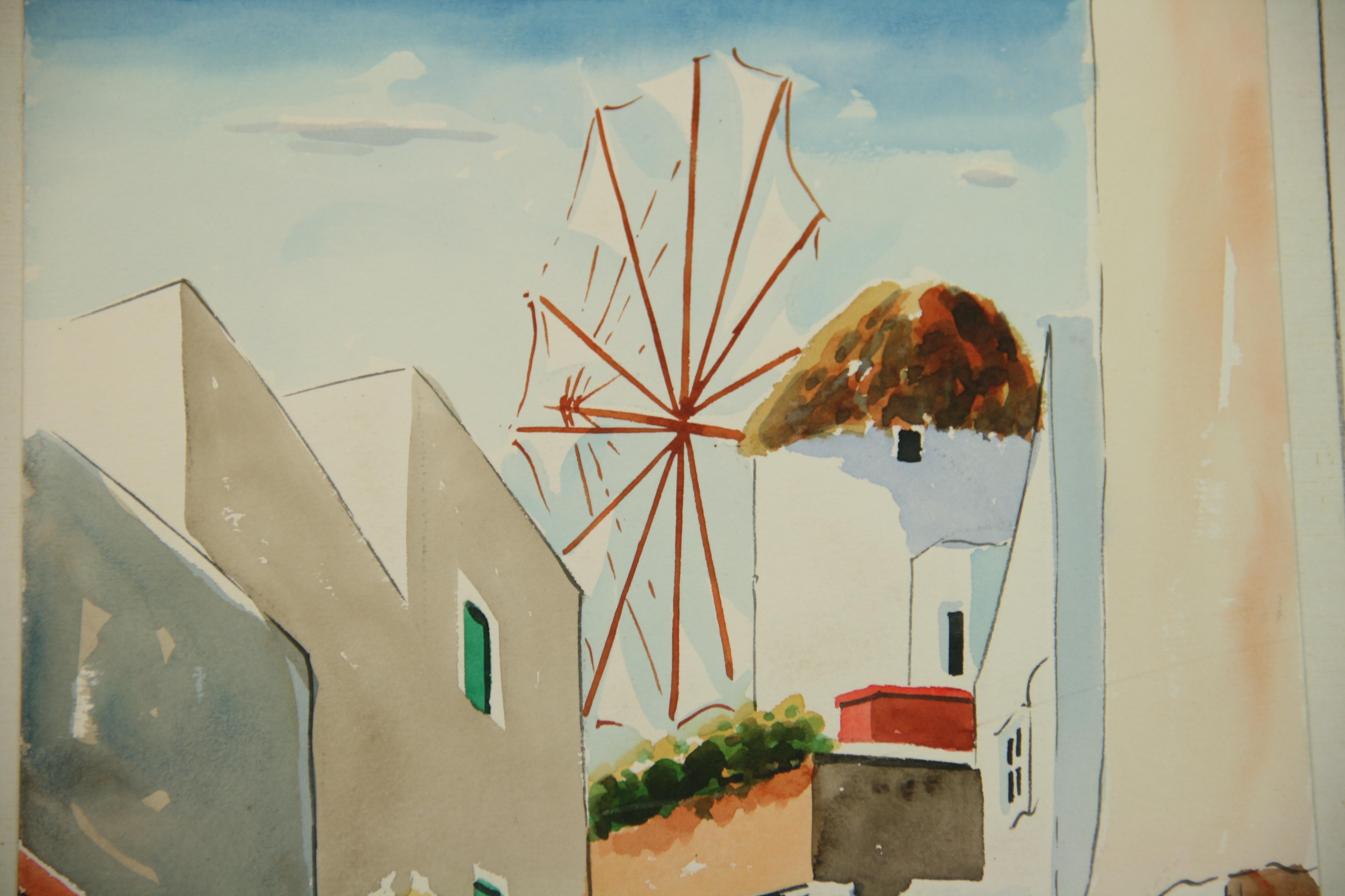 View of Windmill landscape Watercolor on Mykonos Greece 1940 - Art by Unknown