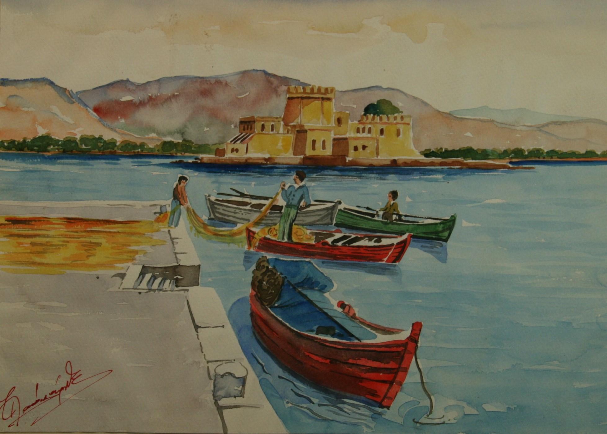 Landscape Art Unknown - Aquarelle - Paysage de pêcheurs grecs Mykonos - Vue de port - 1940