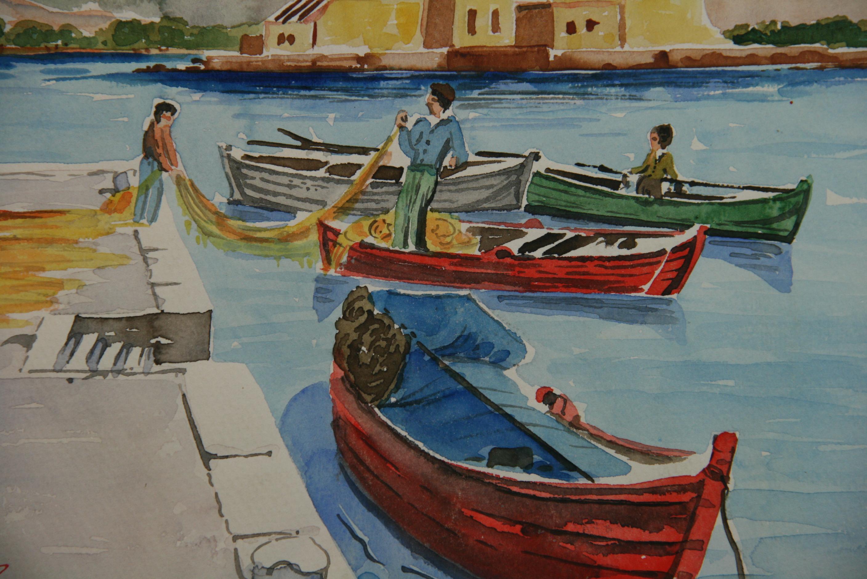 Aquarelle - Paysage de pêcheurs grecs Mykonos - Vue de port - 1940 - Gris Landscape Art par Unknown
