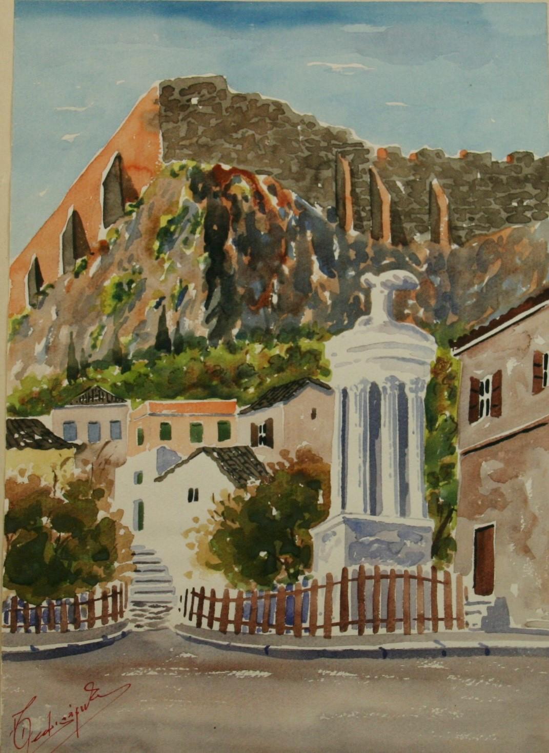 Unknown Landscape Art - Old Athens Plaza Landscape Watercolor 1940