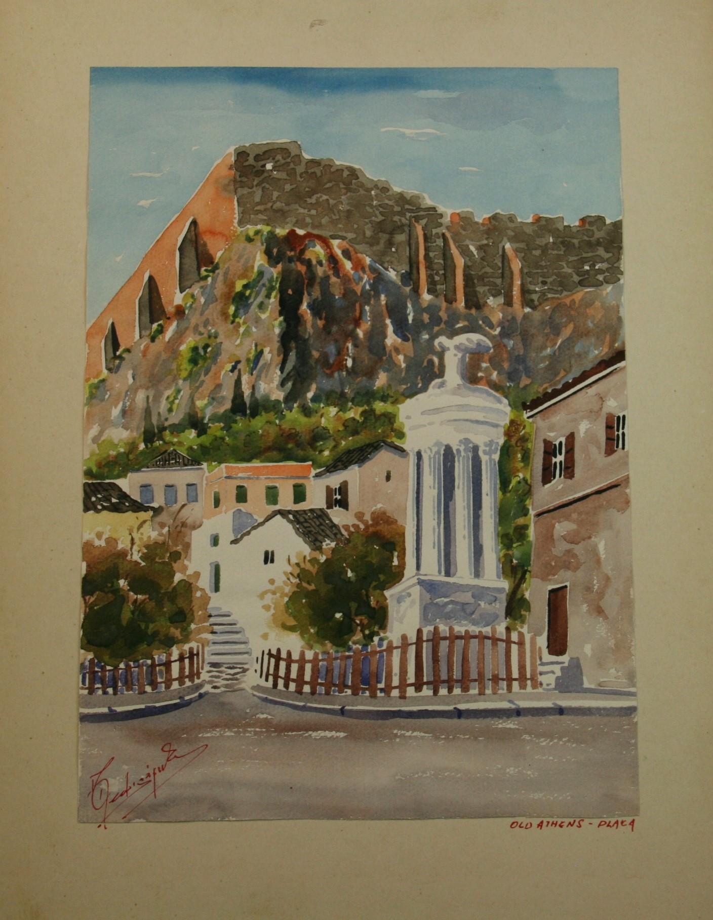 Old Athens Plaza Landscape Watercolor 1940 For Sale 1