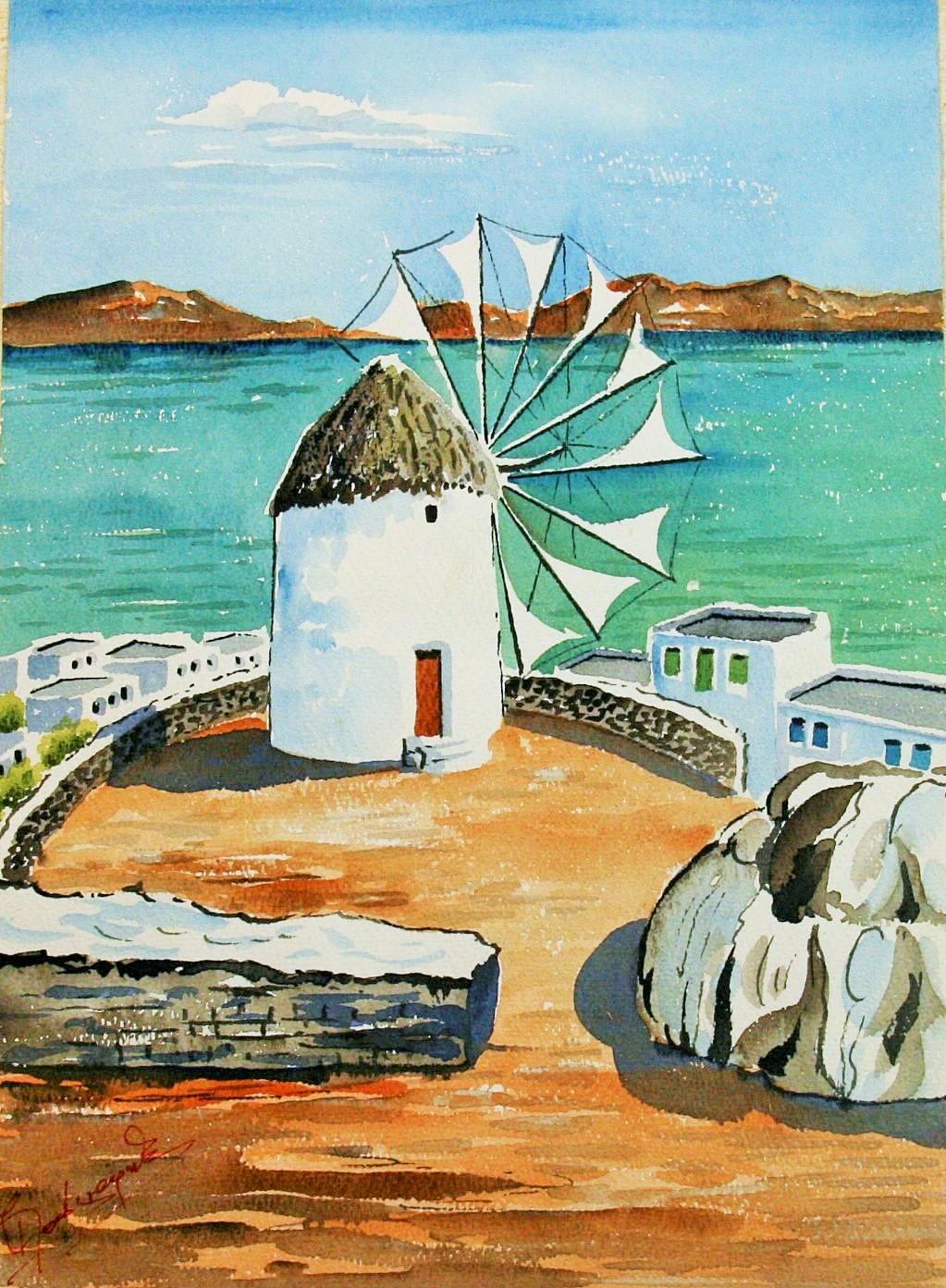 Unknown Landscape Art – Windmühle auf Mykonos Landschaft Aquarell 1940
