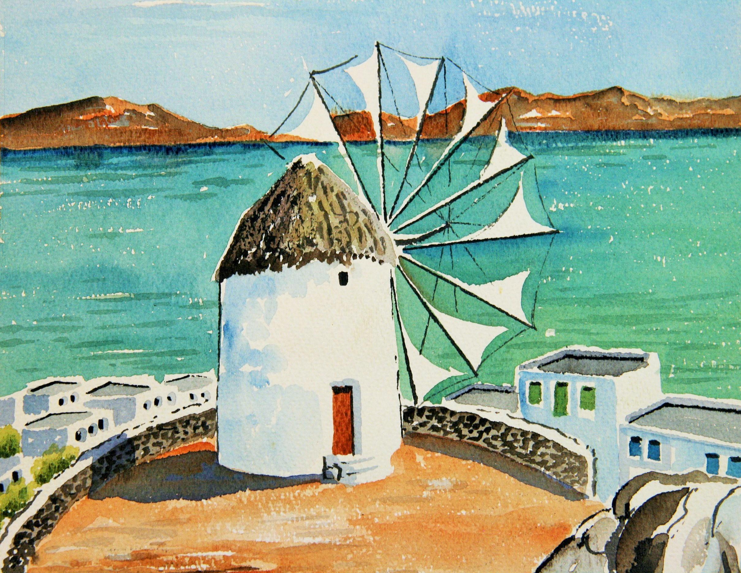 Windmühle auf Mykonos Landschaft Aquarell 1940 – Art von Unknown