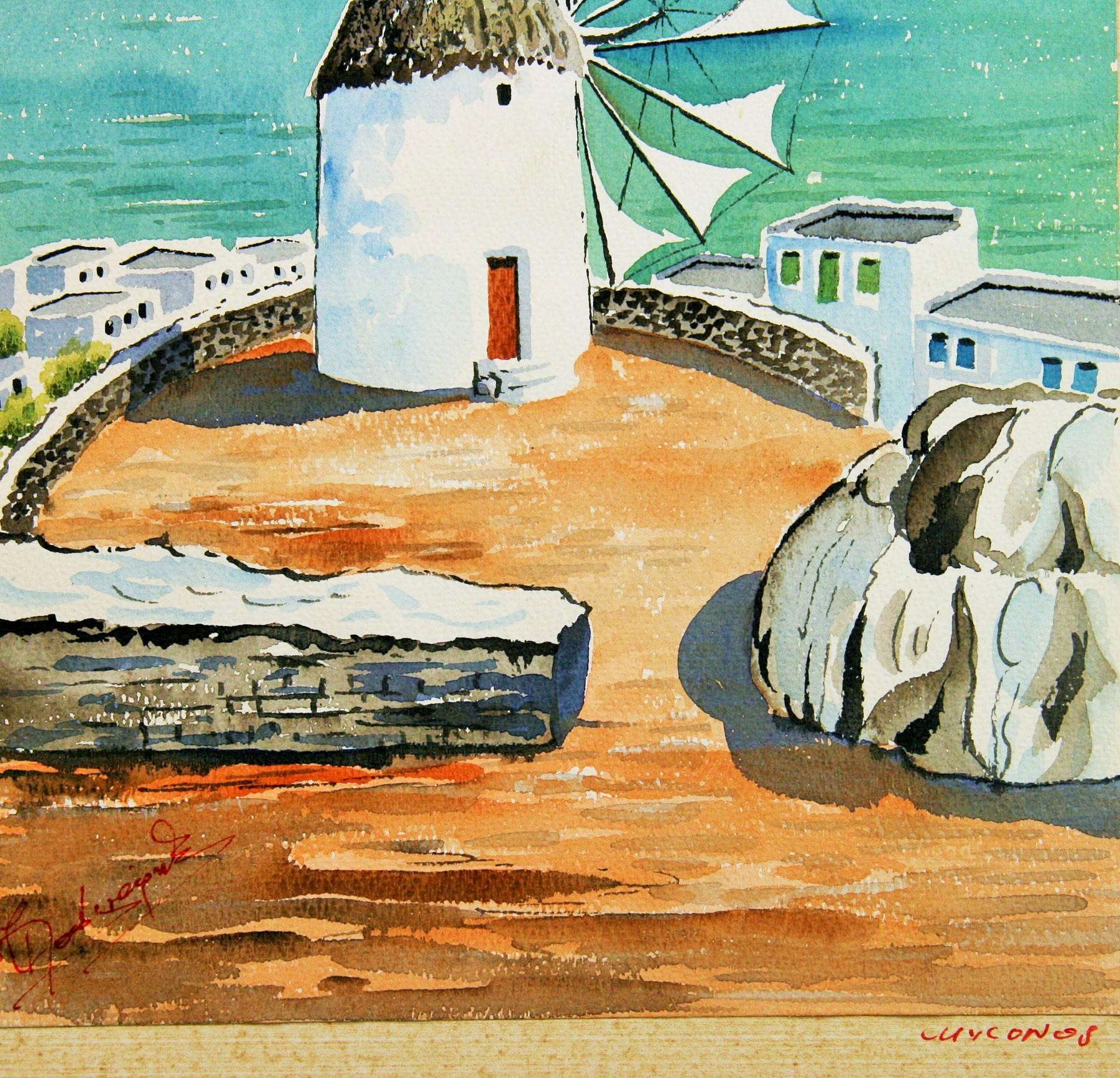 Windmühle auf Mykonos Landschaft Aquarell 1940 (Grau), Landscape Art, von Unknown