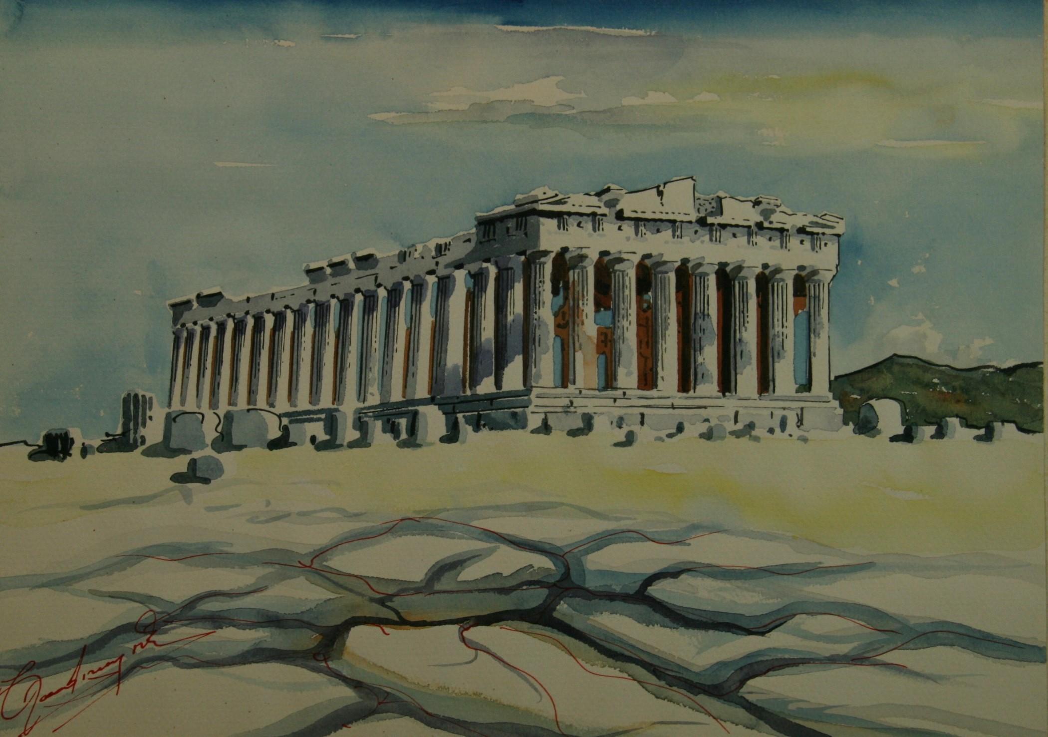 Parthenon Greece Watercolor landscape 1940