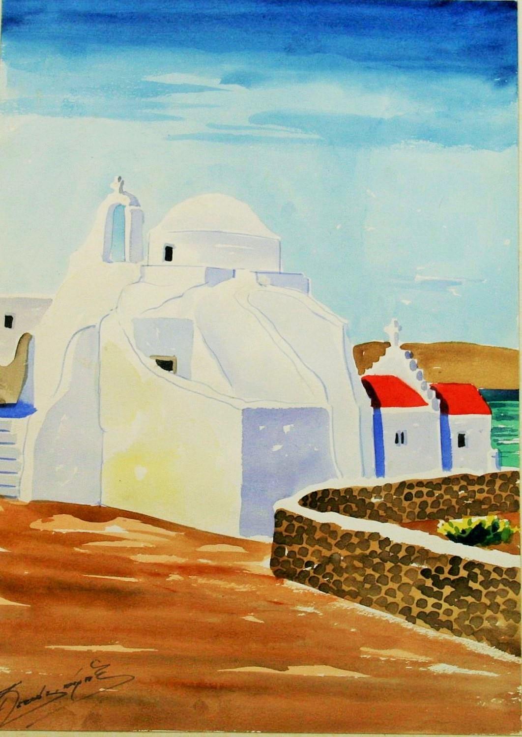 Mykonos Greece Landscape Watercolor 1940