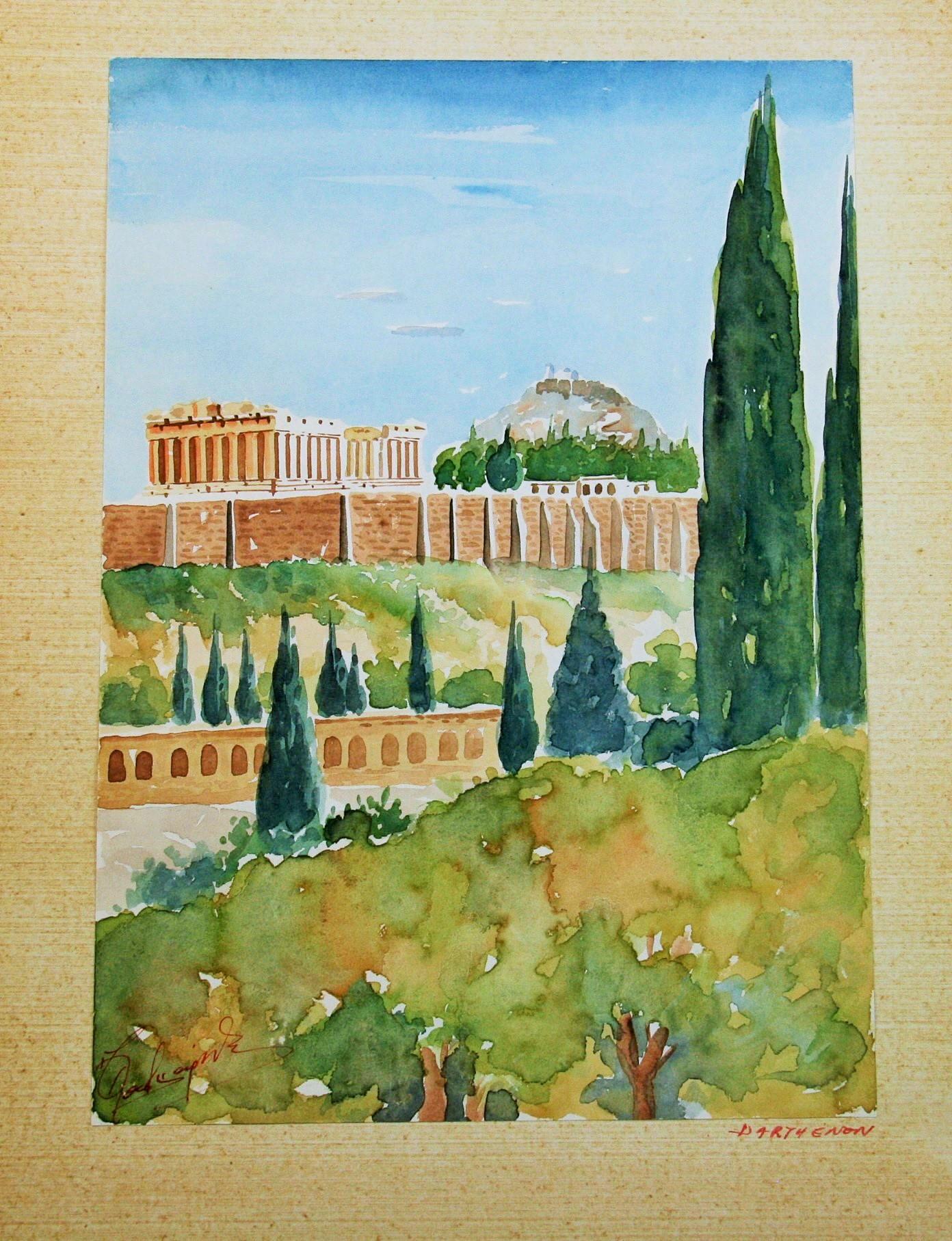Unknown Landscape Art - Landscape Watercolor of the Acropolis in Greece 1940