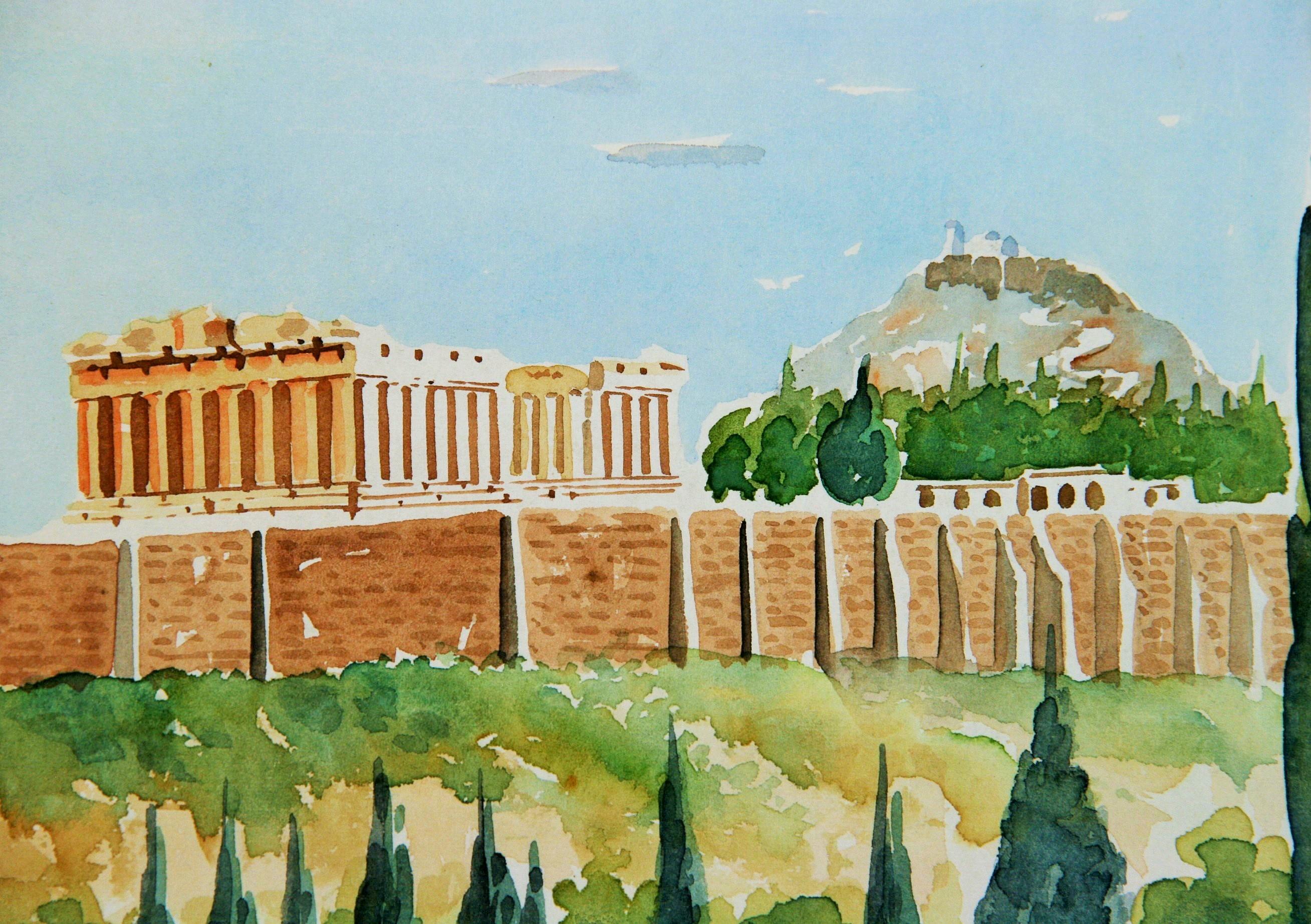 Landscape Watercolor of the Acropolis in Greece 1940 - Art by Unknown