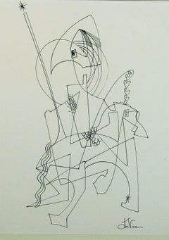 MCM Abstract Cello Player Ink Drawing on Paper