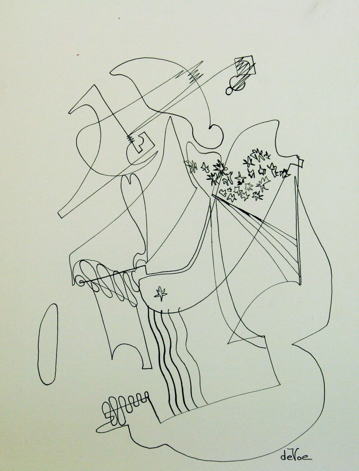 deVoe Abstract Drawing - Mid Century Modern Abstract Guitar Player Ink Drawing