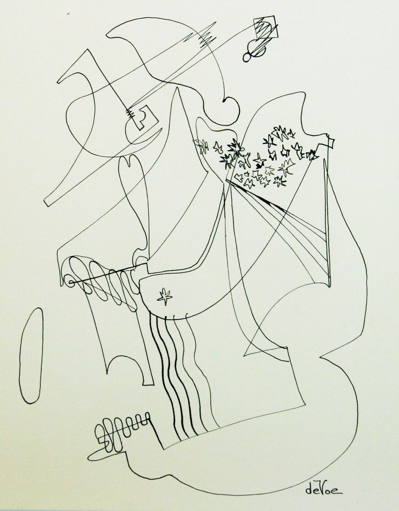 Mid Century Modern Abstract Guitar Player Ink Drawing - Art by deVoe
