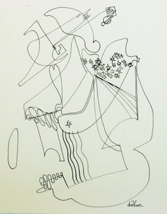 Mid Century Modern Abstract Guitar Player Ink Drawing