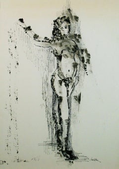 Nude Female Holding the Puppet  Strings Ink Drawing