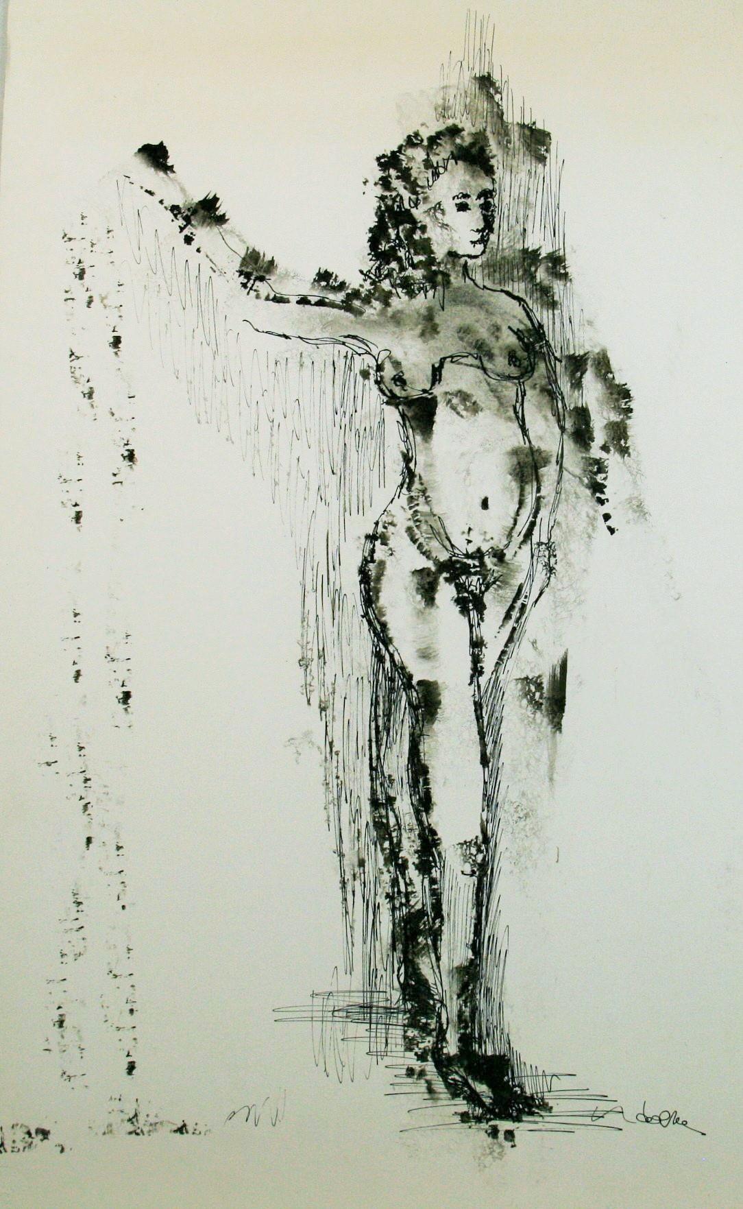 Nude Female Holding the Puppet  Strings Ink Drawing - Art by deVoe