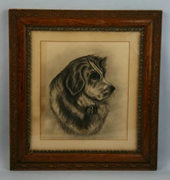 Antique Charcoal Dog Drawing 1915