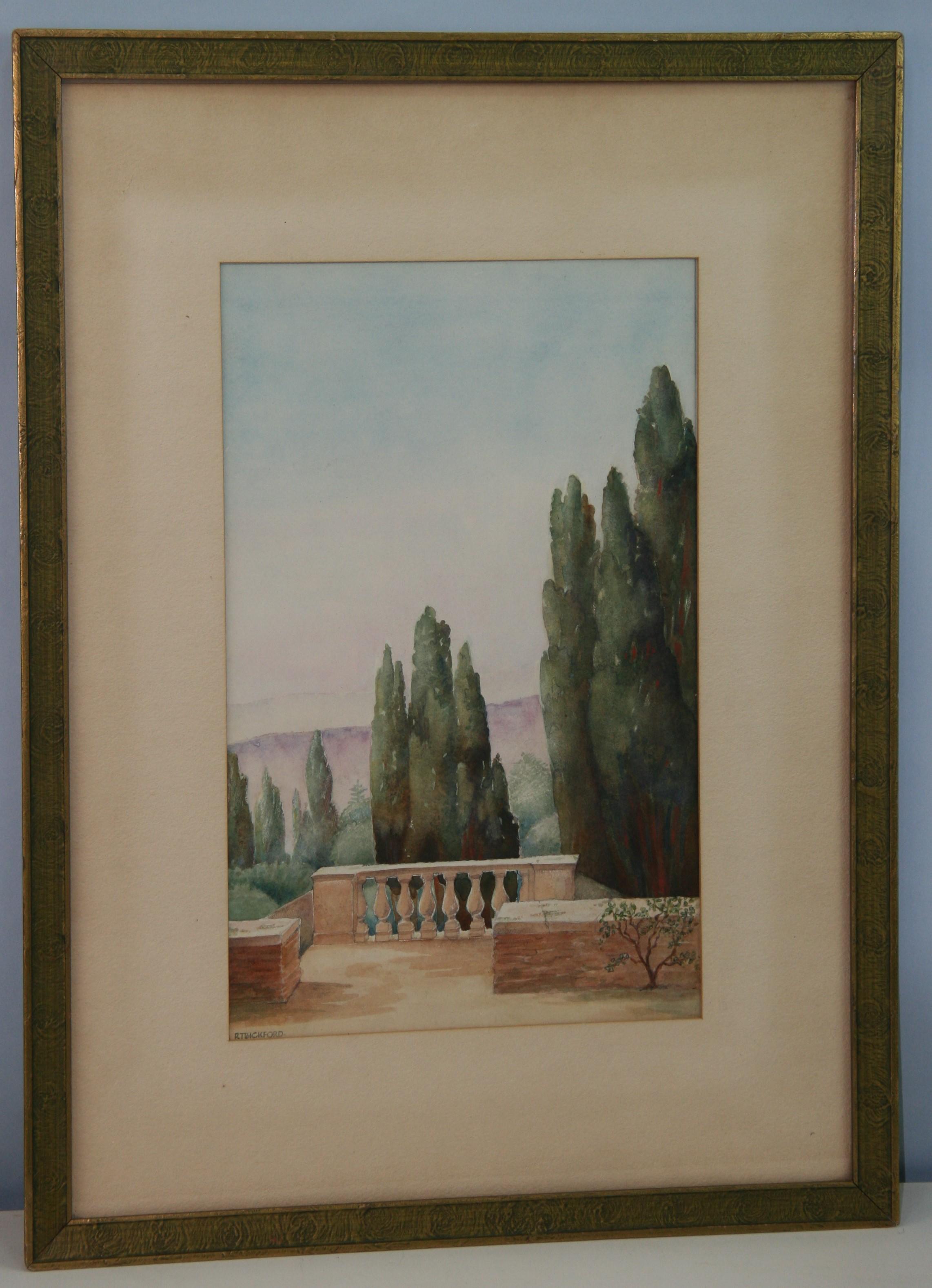 Antique Tuscan Terrace Landscape by R T Bickford - Gray Landscape Art by Unknown